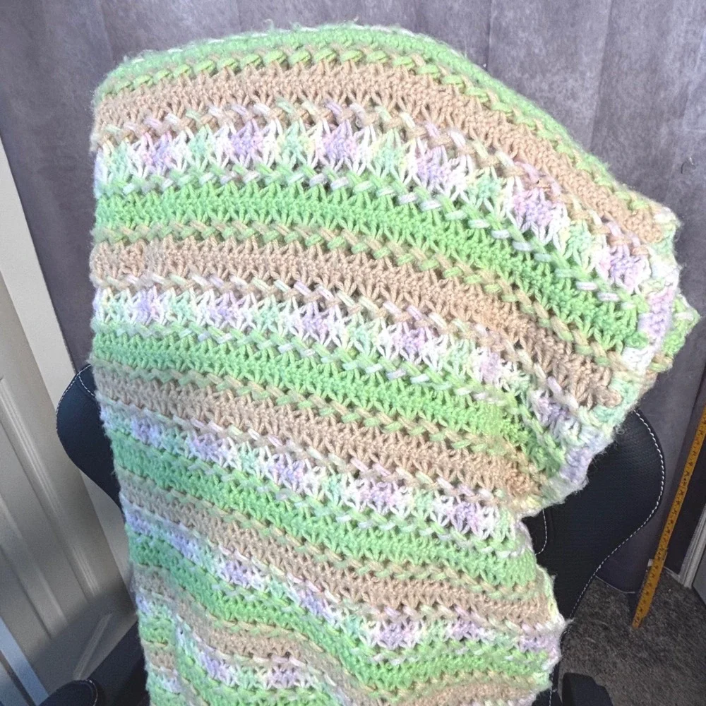 Vintage 1980s Handmade Crochet Blanket Green Purple Tan 110x76 Softt